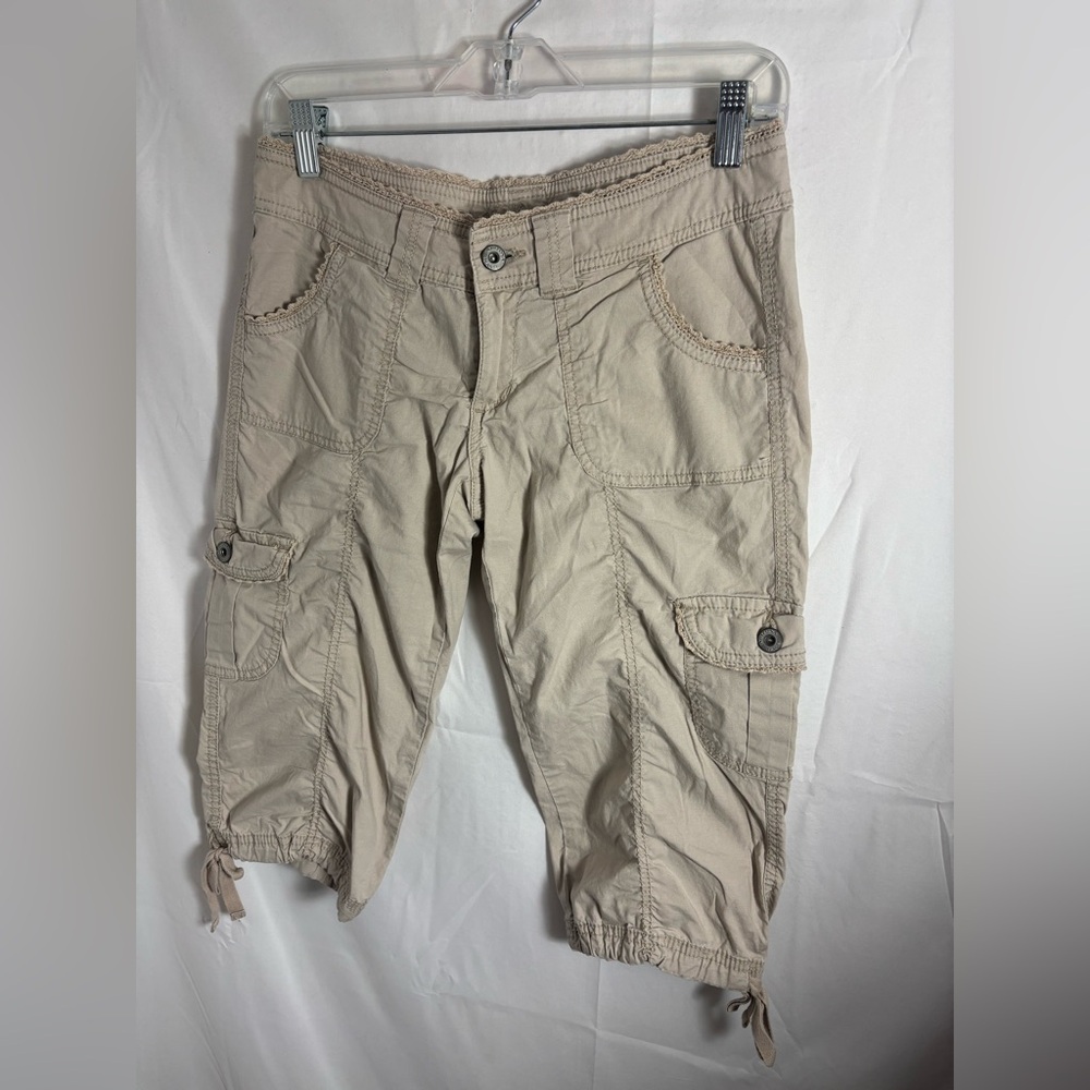 Y2K Boho Grunge‎ Khaki Crochet Lowrise Cargo Capri Pants Size XS-S